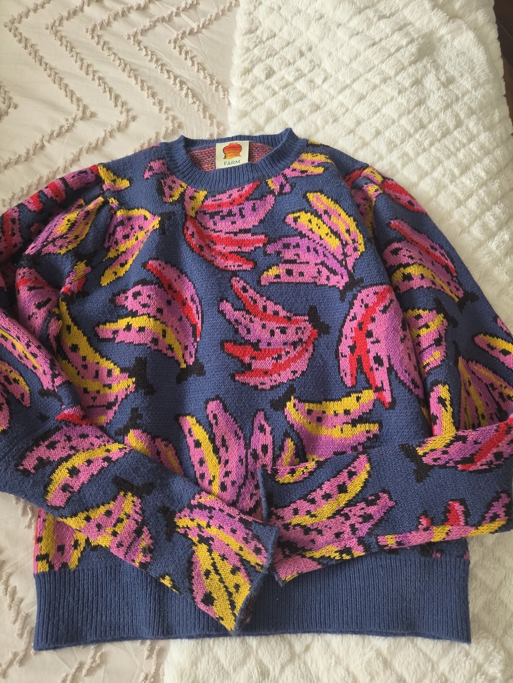 FARM Rio Blue Sweater with Pink & Yellow Banana Motif